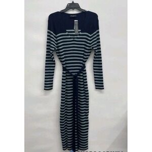 Lane Bryant 22/24 Blue Striped V Neck Sweater Dress Waist Tie Midi Plus Size